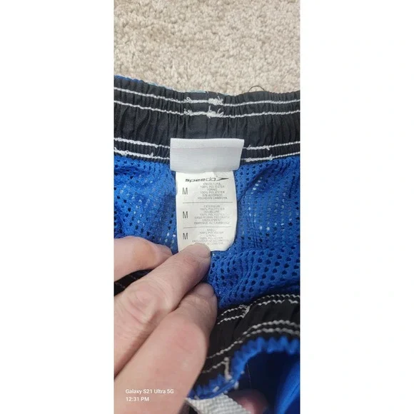 Speedo Swim Trunks Board Shorts w/ Liner Mens Med Black Blue Waves‎ Swimsuit - Picture 2 of 6